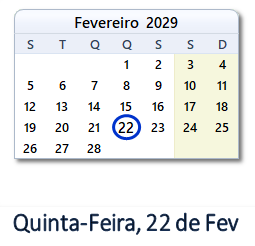22 Fevereiro 2029 calendario