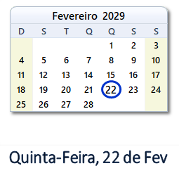 22 Fevereiro 2029 calendario