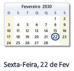 22 Fevereiro 2030 calendario