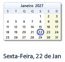 22 Janeiro 2027 calendario