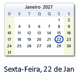 22 Janeiro 2027 calendario