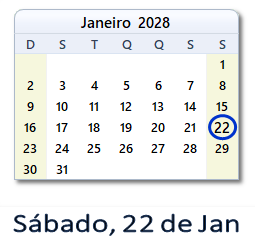 22 Janeiro 2028 calendario