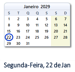 22 Janeiro 2029 calendario