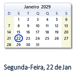 22 Janeiro 2029 calendario