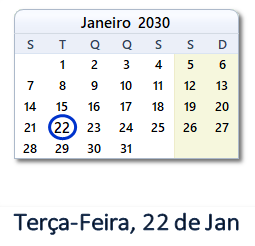 22 Janeiro 2030 calendario