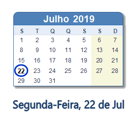 22 Julho 2019 calendario