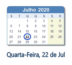 22 Julho 2020 calendario