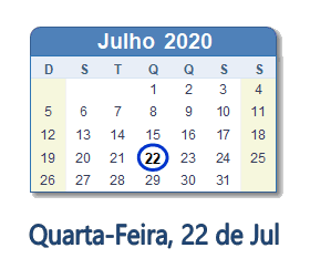 22 Julho 2020 calendario