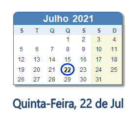 22 Julho 2021 calendario