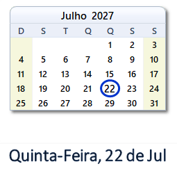 22 Julho 2027 calendario