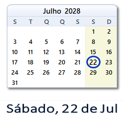 22 Julho 2028 calendario