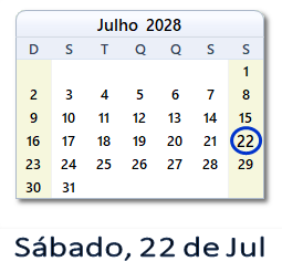 22 Julho 2028 calendario