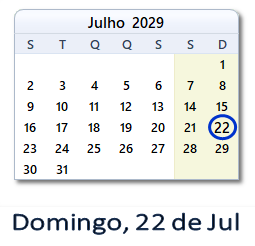 22 Julho 2029 calendario