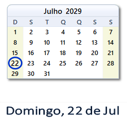 22 Julho 2029 calendario