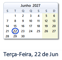 22 Junho 2027 calendario