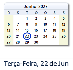 22 Junho 2027 calendario