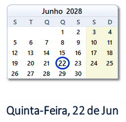 22 Junho 2028 calendario