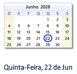 22 Junho 2028 calendario