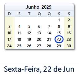 22 Junho 2029 calendario
