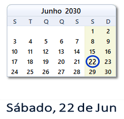 22 Junho 2030 calendario