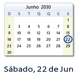 22 Junho 2030 calendario