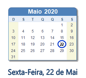 22 Maio 2020 calendario