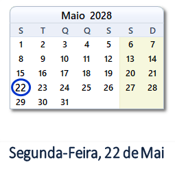 22 Maio 2028 calendario