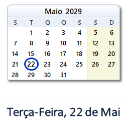 22 Maio 2029 calendario