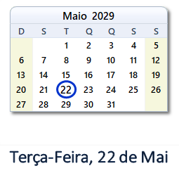 22 Maio 2029 calendario