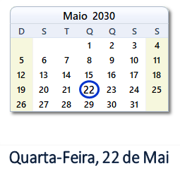 22 Maio 2030 calendario