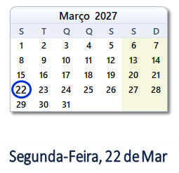 22 Março 2027 calendario