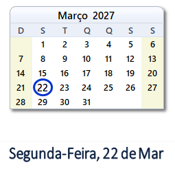 22 Março 2027 calendario