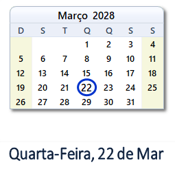 22 Março 2028 calendario