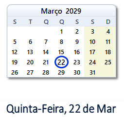 22 Março 2029 calendario
