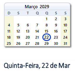 22 Março 2029 calendario