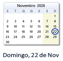 22 Novembro 2026 calendario