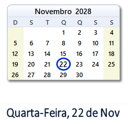 22 Novembro 2028 calendario