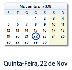 22 Novembro 2029 calendario