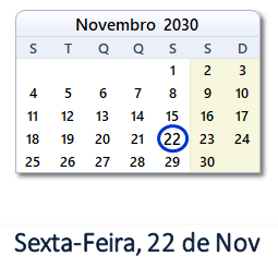 22 Novembro 2030 calendario
