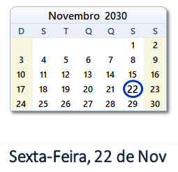 22 Novembro 2030 calendario