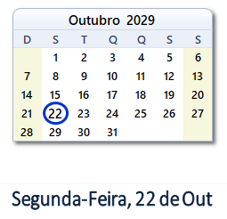 22 Outubro 2029 calendario