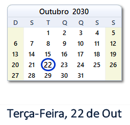 22 Outubro 2030 calendario