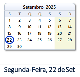 22 Setembro 2025 calendario