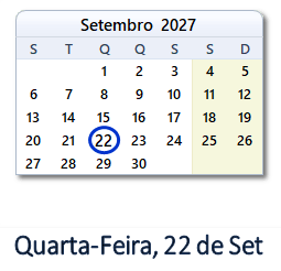 22 Setembro 2027 calendario