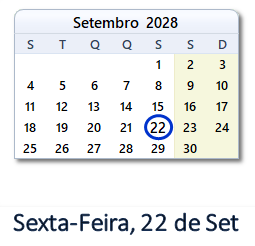 22 Setembro 2028 calendario