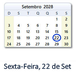 22 Setembro 2028 calendario