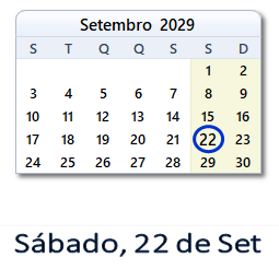 22 Setembro 2029 calendario