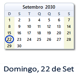 22 Setembro 2030 calendario