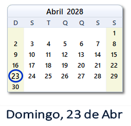 23 Abril 2028 calendario