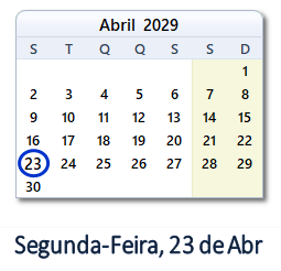 23 Abril 2029 calendario